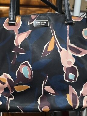 kate spade Black Floral Print Tote with Pink, Teal & Mustard Accents
